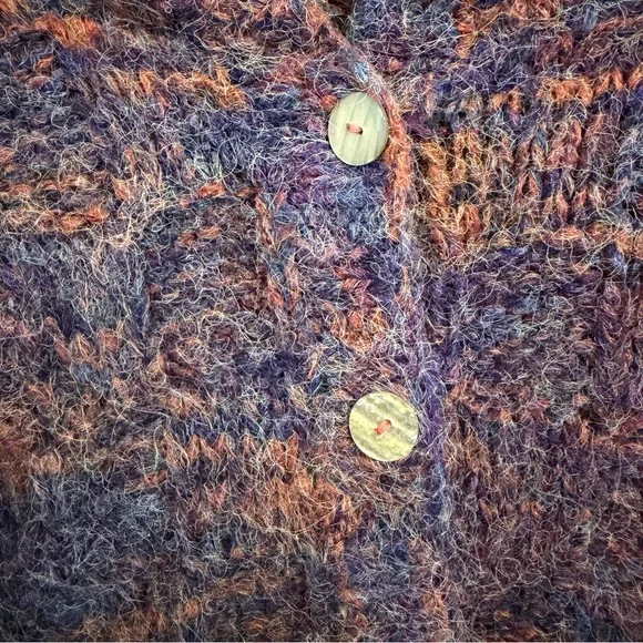 Vintage Chand Elle Fuzzy Hooded Cardigan Purple Rust Marled Wool Blend M - Picture 9 of 10
